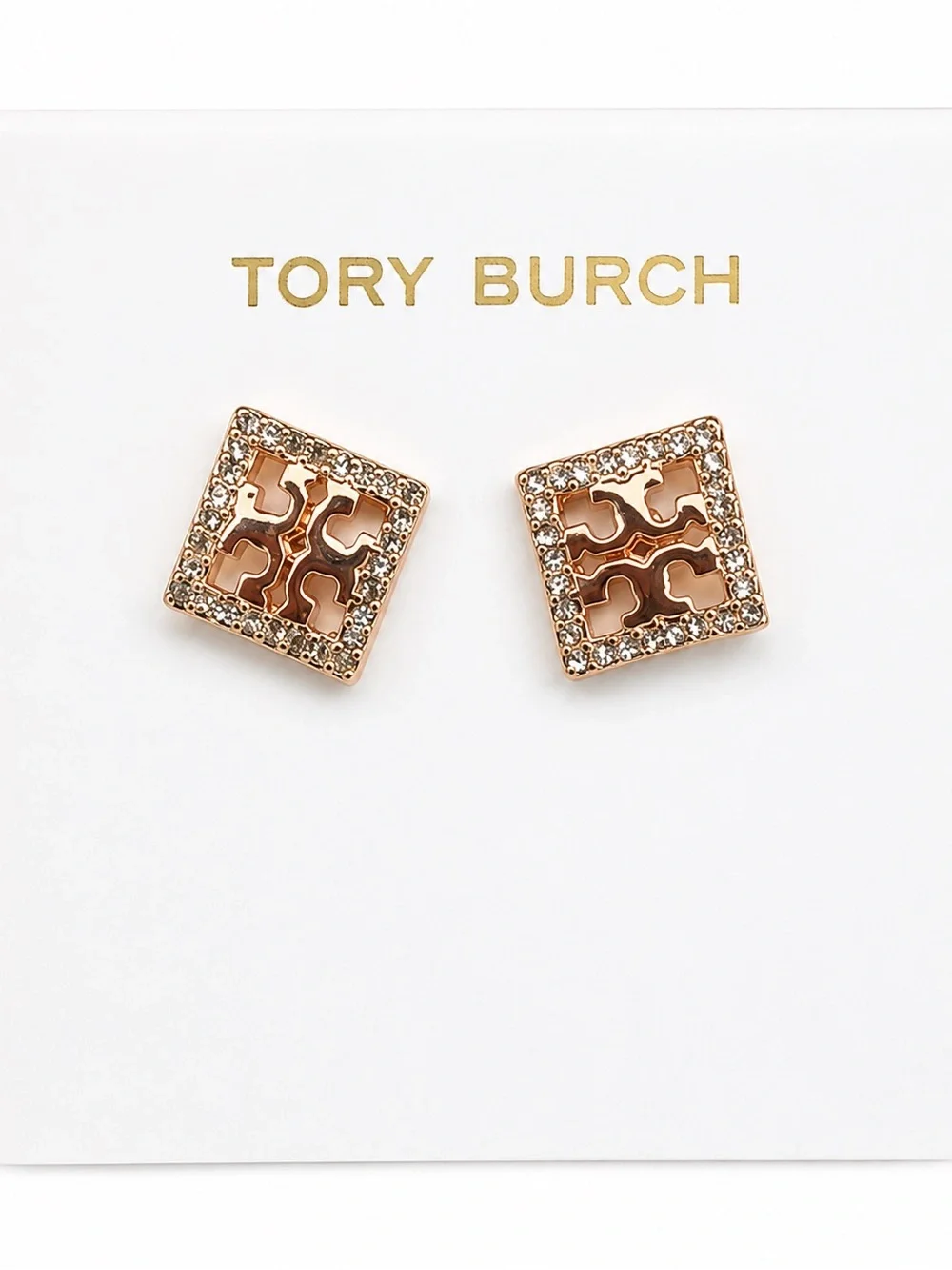 Tory Burch Rose Gold Logo Crystal Square Stud Earrings